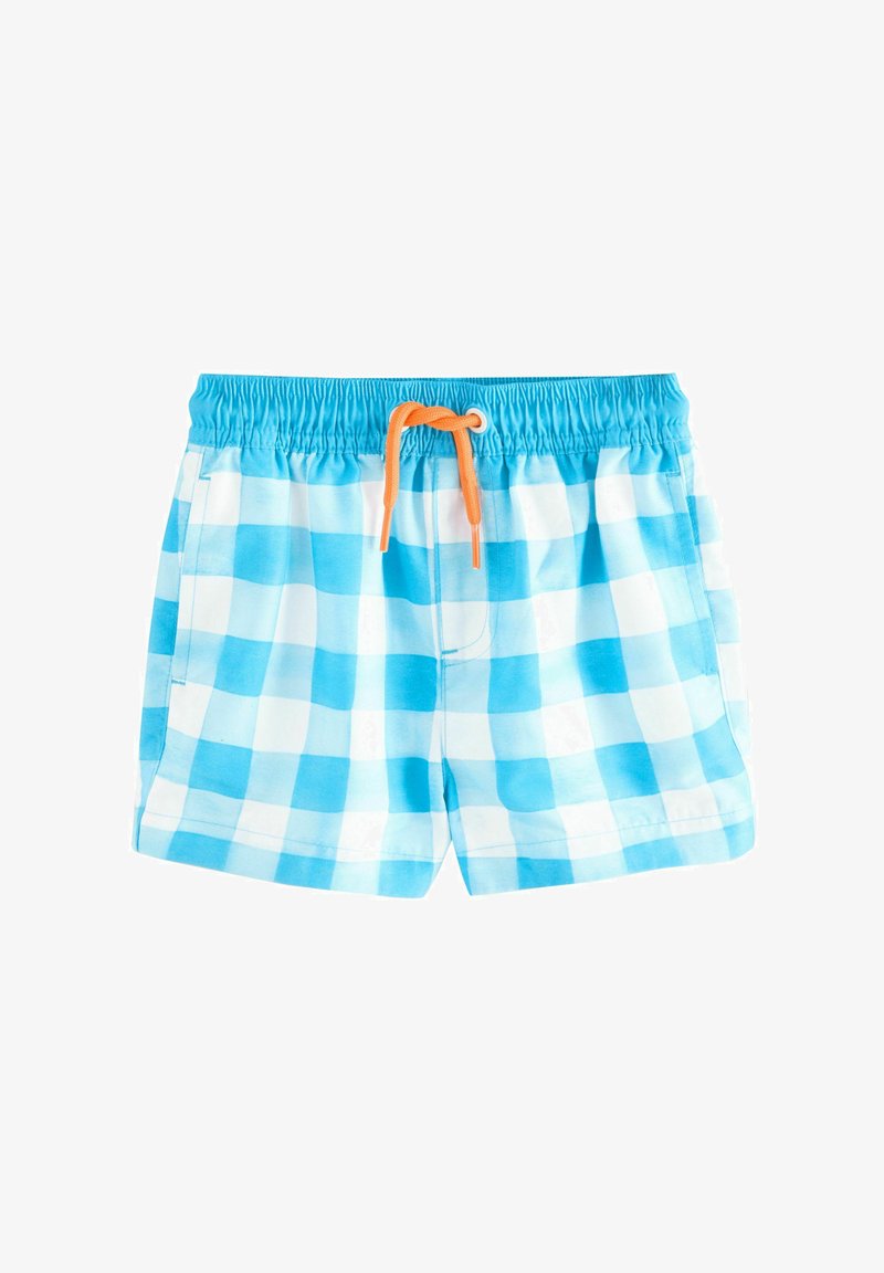Short de bain enfant avec motif à carreaux bleu et blanc et taille élastique avec cordon orange.