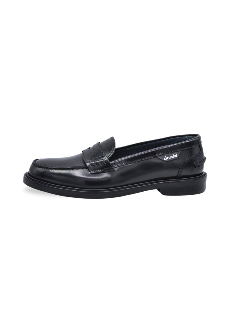 Black leather loafers with a rounded toe, decorative stitching, and a low-profile rubber sole. Features a subtle brand logo on the side.
