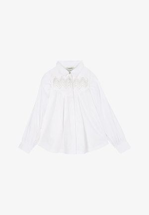 Witte blouse met lange mouwen, kraag en zigzagborduursel. Voorzien van plooien en een knoopsluiting aan de voorkant. Soepele stoftextuur.