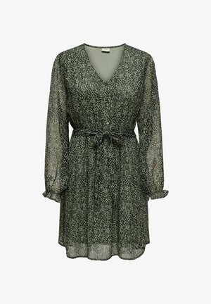 Abito verde a fantasia realizzato in tessuto trasparente, con scollatura a V, maniche lunghe a palloncino, vita con cintura e polsini delle maniche arricciati.