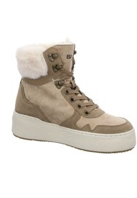 Botte beige en daim à tige haute avec semelle épaisse blanche, œillets métalliques, lacets beiges et fourrure blanche douce autour du col de la cheville.