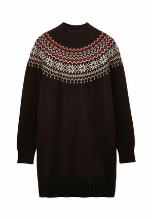 Sweter sukienka w ciemnym brązie z ryflowanym dekoltem. Posiada zdobioną część górną w kolory: czerwony, biały i beżowy, z geometrycznymi wzorami.