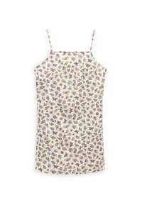 Valkoinen hihaton mekko ohuiden olkainten kanssa, jossa on monivärinen kukka- ja paisleykuvio ruskeissa ja purppuran sävyissä. Sujuva kangasrunko.