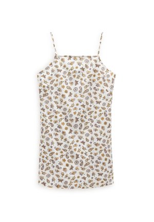 Valkoinen hihaton mekko ohuiden olkainten kanssa, jossa on monivärinen kukka- ja paisleykuvio ruskeissa ja purppuran sävyissä. Sujuva kangasrunko.