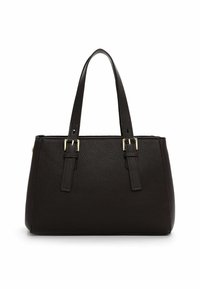 Borsa a mano in pelle marrone scuro con superficie testurizzata, forma rettangolare, doppi manici regolabili e dettagli in metallo dorato.