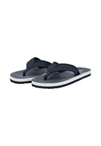 Tongs bleu marine avec des brides texturées, une semelle intérieure rembourrée et un entrebail blanc. La semelle possède un motif pour une meilleure adhérence.