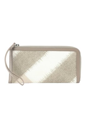 Rechthoekige polsclutch met diagonale beige en witte strepen, beige afwerking en een ritssluiting met polsband aan de linkerkant.