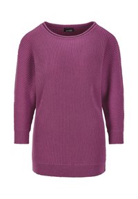 Lila rippenstrick Pullover mit langen Ärmeln und rundem Ausschnitt, flach auf einem weißen Hintergrund präsentiert.