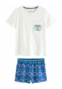 White cotton t-shirt with a fish-themed pocket, paired with blue shorts featuring an all-over fish pattern, green and blue stripes.