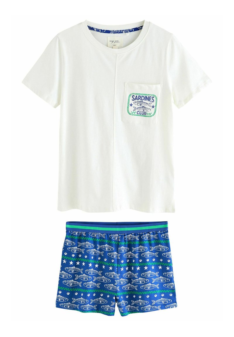 White cotton t-shirt with a fish-themed pocket, paired with blue shorts featuring an all-over fish pattern, green and blue stripes.