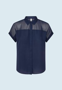 Navy blue short-sleeve blouse with a sheer upper section, button-down front, and classic collar. Smooth texture with a relaxed fit.