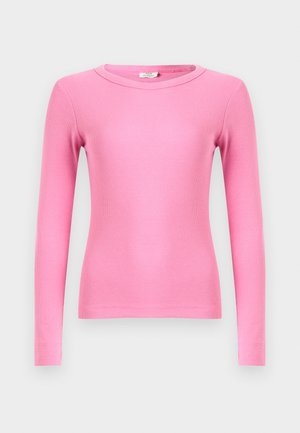 Haut ajusté à manches longues en tissu côtelé rose vif, avec un col rond et des poignets sans couture pour une finition lisse.