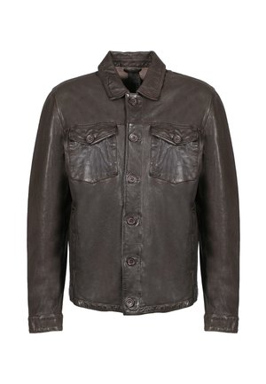 Brown leather jacket with a button-up front, two chest pockets, and a classic collar. Smooth texture with a slightly distressed finish.
