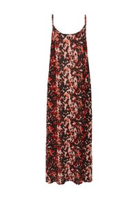 Robe en soie à bretelles spaghetti fines, ornée d'un audacieux imprimé léopard rouge et noir, avec une silhouette décontractée et fluide.