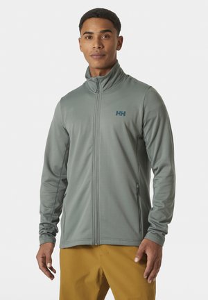 Light gray zippered jacket with stand-up collar, textured fabric, two side pockets, and a small logo on the upper chest.