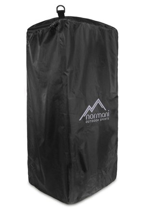 Schwarze wasserdichte Tasche mit rechteckiger Form, Reißverschluss, ausgestattet mit einem Griff, mit einem weißen Logo und einem Bergmotiv.
