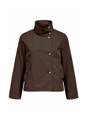 Veste courte marron avec col montant et cinq boutons à l'avant, dotée de deux poches latérales inclinées et de manches longues.