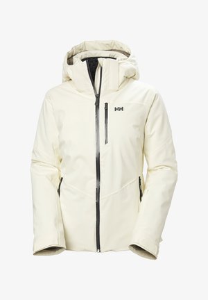 Weiße isolierte Jacke mit Kapuze, ausgestattet mit schwarzen Reißverschlüssen, einer Reißverschlusstasche auf der Brust und strukturierten Akzenten am Kragen und an den Bündchen.