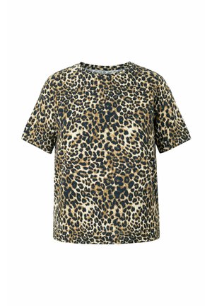 T-shirt met korte mouwen met een all-over luipaardprint in bruin, zwart en beige, ronde hals en normale pasvorm.