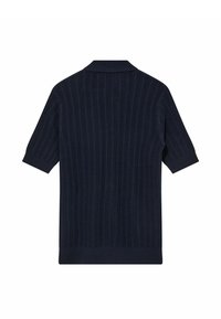 Navy blue knit short-sleeve sweater with ribbed hem and cuffs, featuring vertical cable knit pattern and a small collar.