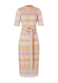 Bunt gemustertes Midi-Kleid mit einem Zickzack-Muster in Orange, Lila und Mintgrün. Kurze Ärmel, hoher Ausschnitt und ein Gürtel mit einer runden Schnalle.