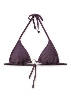 Haut de bikini triangle côtelé violet avec liens à nouer autour du cou et petit anneau doré au centre devant.
