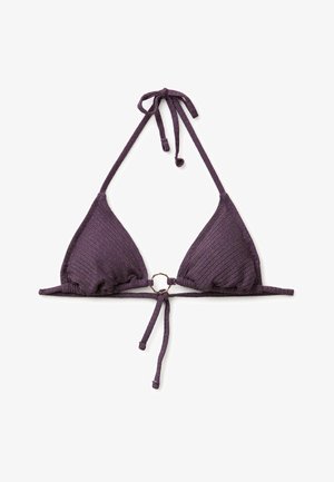 Top bikini a triangolo viola con coste, con laccetti da legare al collo e piccolo anello dorato al centro davanti.