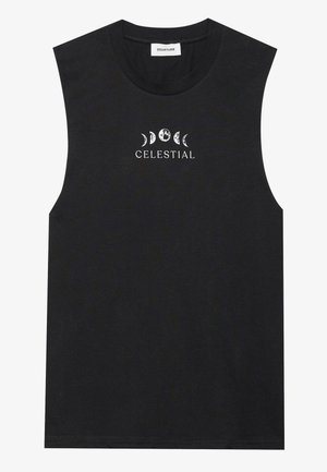 Juodas bepročių marškinėlis be rankovių, pagamintas iš medvilnės, su apvaliu kaklu, pristatantis baltą "Celestial" grafiką ir mėnulio fazių dizainą krūtinėje.