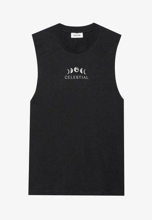 Juodas bepročių marškinėlis be rankovių, pagamintas iš medvilnės, su apvaliu kaklu, pristatantis baltą "Celestial" grafiką ir mėnulio fazių dizainą krūtinėje.