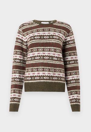 Knit sweater with long sleeves featuring horizontal Fair Isle pattern in olive green, white, and burgundy tones, with ribbed cuffs and hem.