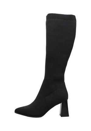 Botte en maille noire haute, avec bout pointu et talon haut carré.