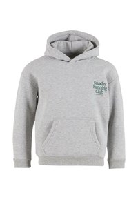 Felpa grigia con cappuccio realizzata in un tessuto morbido. Presenta una tasca frontale e una scritta verde che dice "Sunday Running Club" sul petto.