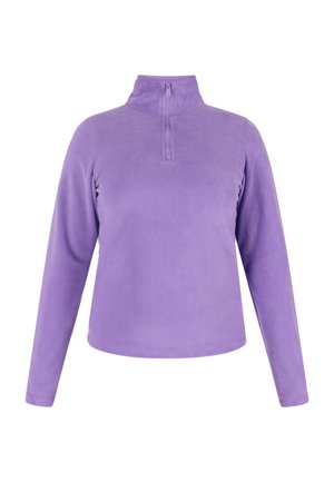 Paarse fleece pullover met een halve rits kraag, lange mouwen, een gladde textuur en een getailleerd ontwerp. Geen patronen of extra accenten.