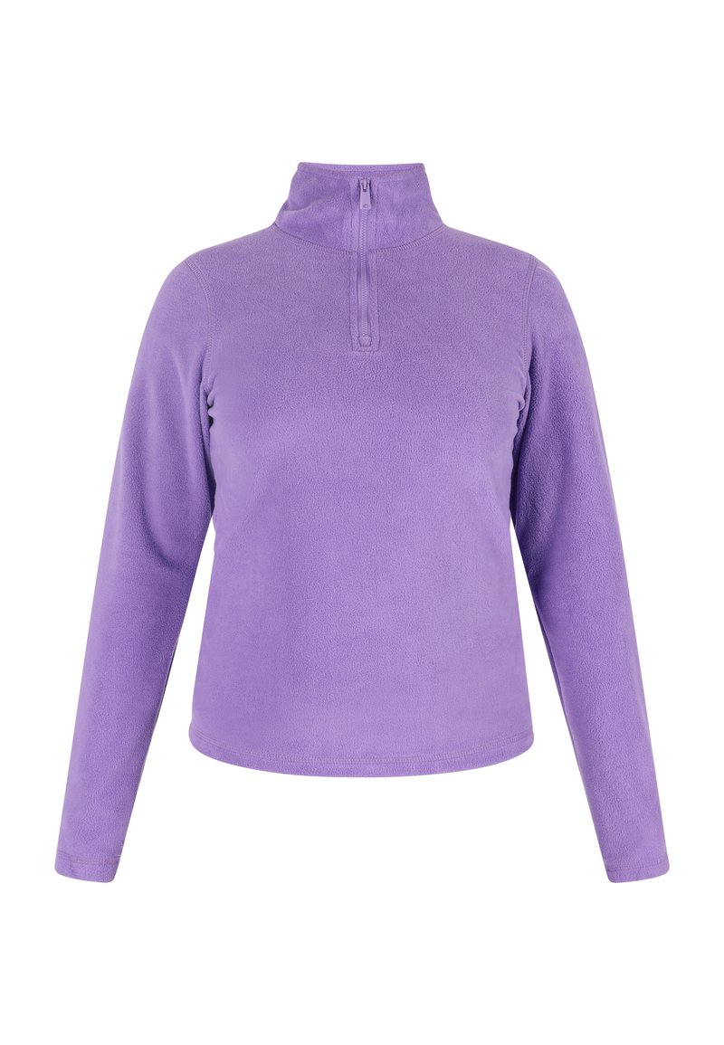 Paarse fleece pullover met een halve rits kraag, lange mouwen, een gladde textuur en een getailleerd ontwerp. Geen patronen of extra accenten.