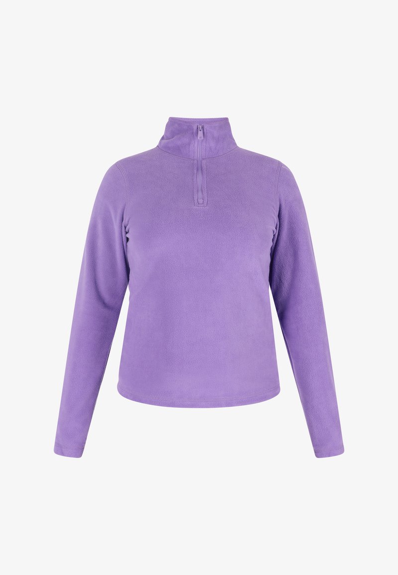 Paarse fleece pullover met een halve rits kraag, lange mouwen, een gladde textuur en een getailleerd ontwerp. Geen patronen of extra accenten.