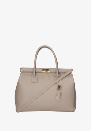 Borsa a tracolla in pelle beige con una forma strutturata, doppi manici, una tracolla removibile, hardware dorato e un dettaglio a lucchetto sul davanti.