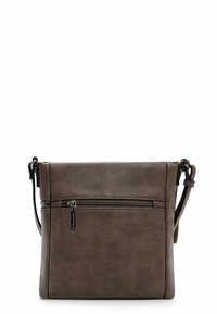Brown synthetic leather crossbody bag with a zippered front pocket, adjustable strap, and a smooth texture. Compact rectangular design.