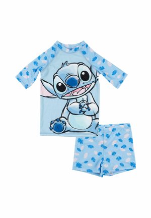 Children’s blue swim set with long-sleeve top featuring a cartoon character and matching shorts with blue and white leaf patterns.