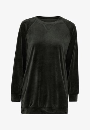 Mørkegrøn, blød, plyssweater med lange raglanærmer, rund hals og en afslappet pasform. Har en glat, fløjllet tekstur.