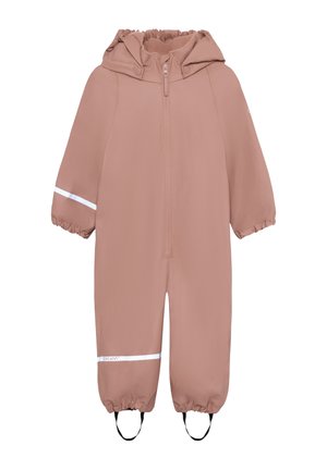Tuta antipioggia per bambini color marrone chiaro con cappuccio, cerniera frontale, polsini elasticizzati, bande riflettenti su un braccio e una gamba e cinturini per i piedi.
