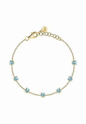 Goldene Kettenarmband mit sechs gleichmäßig entlang der Kette angeordneten hellblauen Edelsteinen; gesichert mit einem Karabinerverschluss und einem verstellbaren Glied.