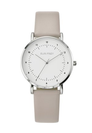 Minimalist analog wristwatch with a silver round case, white dial, black hour markers, and beige leather strap.