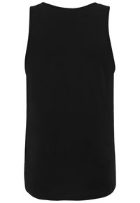 Top in cotone nero senza maniche, con scollatura rotonda e orlo dritto. Tessuto liscio senza modelli o dettagli visibili.
