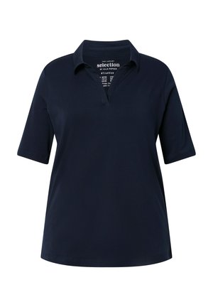 Marineblå polo-shirt med korte ærmer, krave og V-hals, designet til en afslappet pasform.