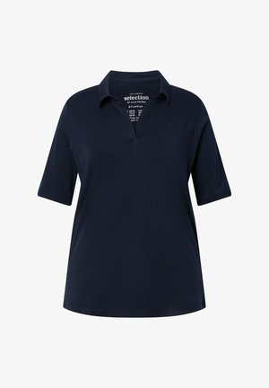 Navy blue short-sleeve polo shirt with a collar and V-neck, designed for a relaxed fit.