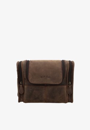 Hnedá kožená toaletná taška s predným klapkým a dvoma bočnými priehradkami na zips, kompaktná a obdĺžnikového tvaru.