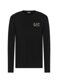 T-shirt a maniche lunghe nera in cotone, con un piccolo logo dorato nell'area del petto sinistro. Collo rotondo; texture liscia.