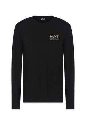 T-shirt a maniche lunghe nera in cotone, con un piccolo logo dorato nell'area del petto sinistro. Collo rotondo; texture liscia.