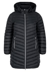 Černá péřová bunda s kapucí, vodorovný prošívaný design, zapínání na zip v přední části a boční kapsy. Stříbrné detaily na zipu. Střední délka.