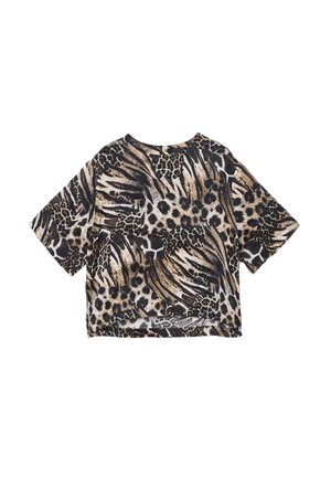 Top corto a maniche corte con stampa animale mista in tonalità beige e nero, con una texture morbida e scollo rotondo.